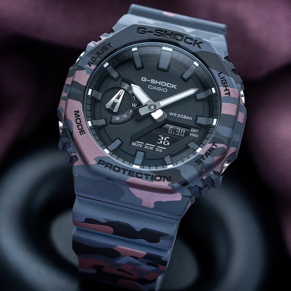 Casio Mens G-Shock 2100 Series Grey & Red Camo Strap Watch GA-2100CM-8AER