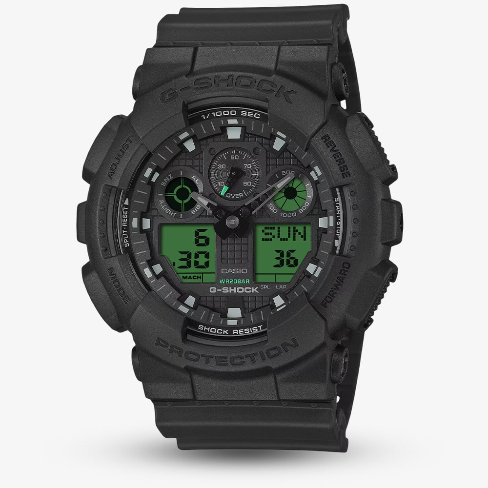Casio Mens G-Shock Black &amp; Electro Green Series Plastic Strap Watch GA-100BEG-1AER