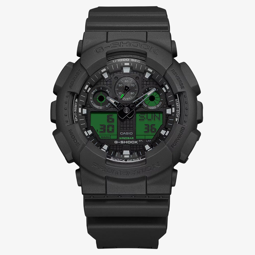 Casio Mens G-Shock Black & Electro Green Series Plastic Strap Watch GA-100BEG-1AER