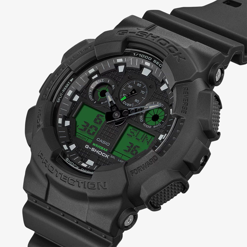 Casio Mens G-Shock Black & Electro Green Series Plastic Strap Watch GA-100BEG-1AER