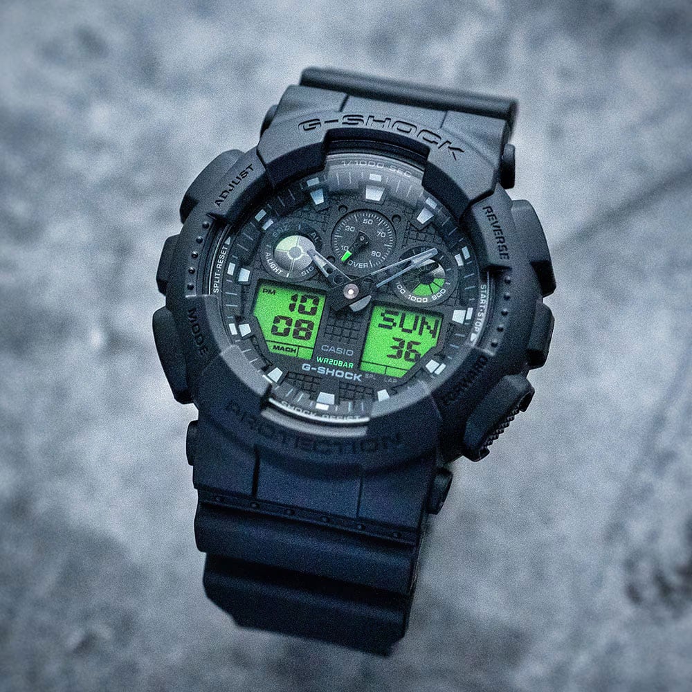 Casio Mens G-Shock Black & Electro Green Series Plastic Strap Watch GA-100BEG-1AER