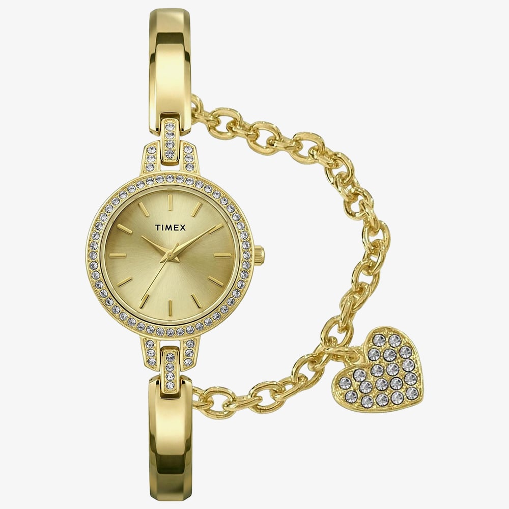 Timex Ladies Aveline Gold Tone Crystal Watch & Heart Bracelet Gift Set TWG067900