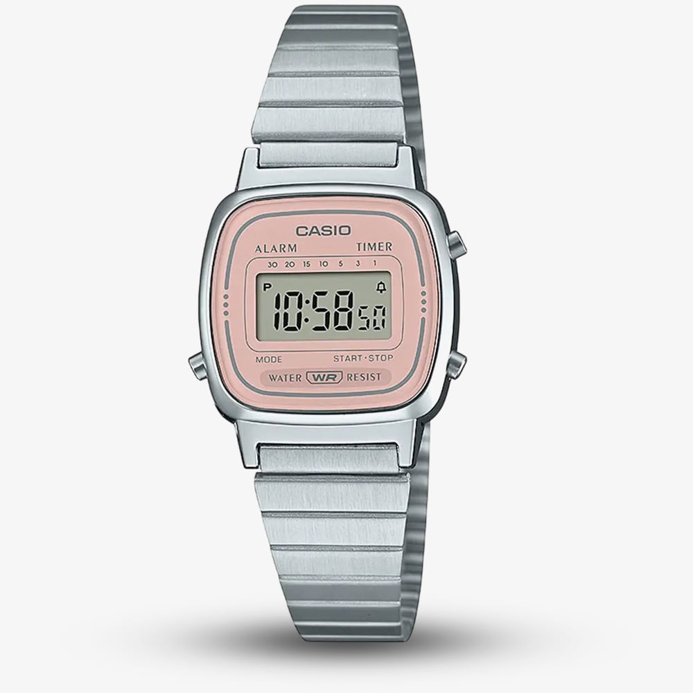 Product photograph of Casio Vintage Silver Amp Pink Digital Dial Watch La670wea-4a2ef from The Jewel Hut