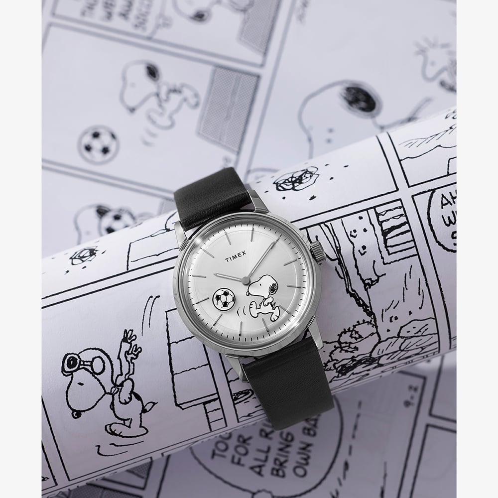Timex x Peanuts Mens Marlin Snoopy Soccer Black Leather Strap Watch TW2Y53800