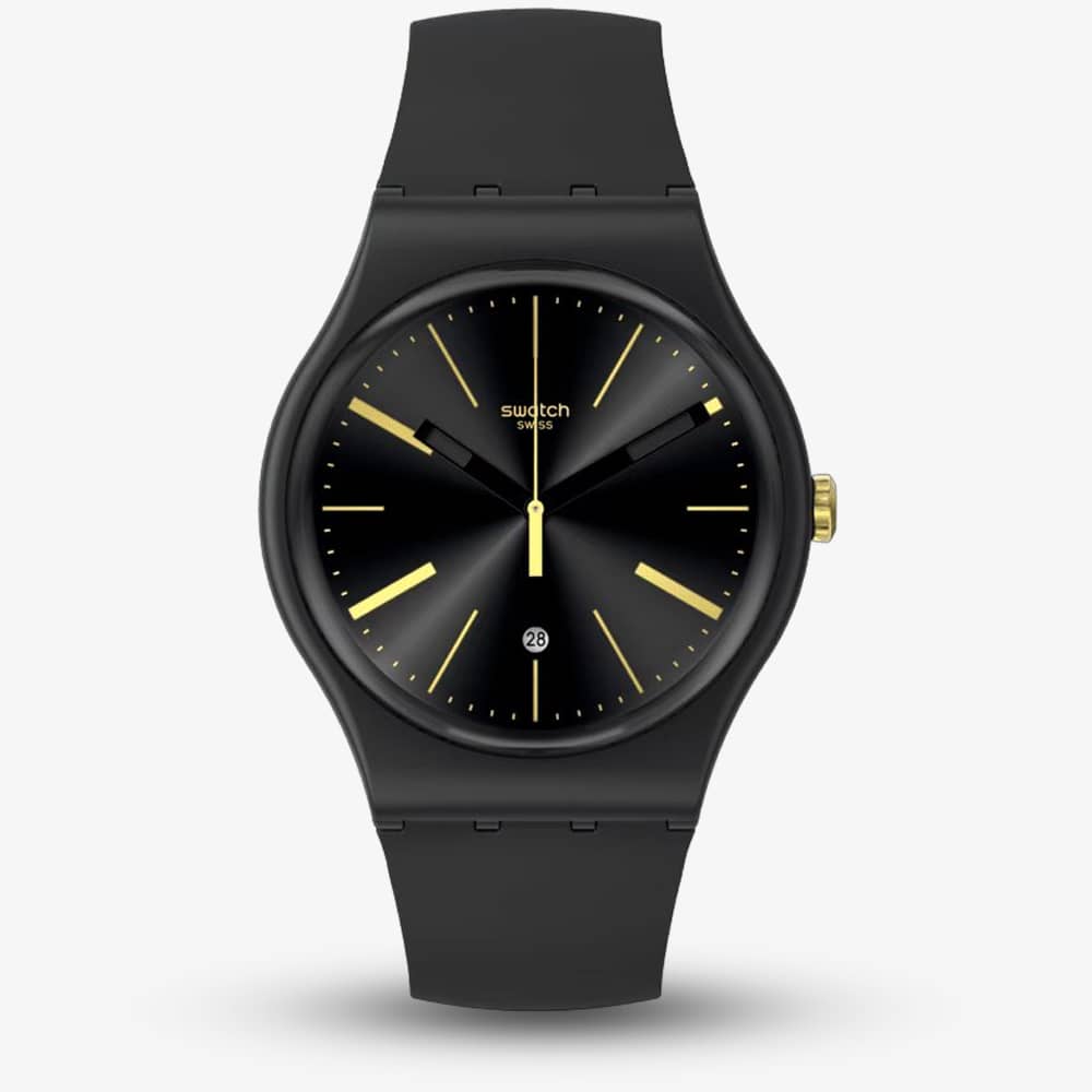 Product photograph of Swatch Dash Of Yellow Black Rubber Watch So29b403 from The Jewel Hut