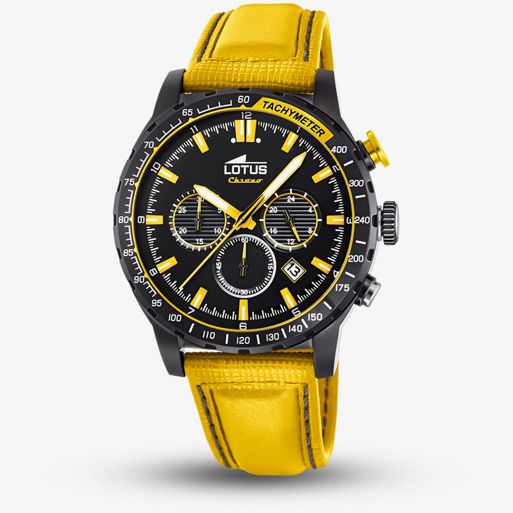 Click to view product details and reviews for Lotus Mens Yellow Leather Strap Black Chronograph Watch L18588 1.