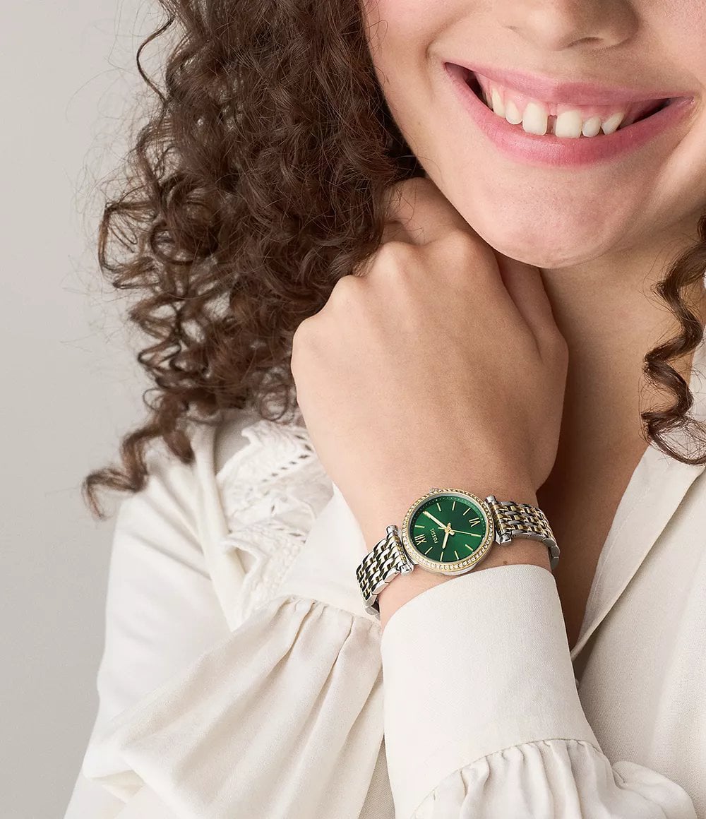 Fossil Ladies Carlie Two-Tone Green Dial Watch ES5439