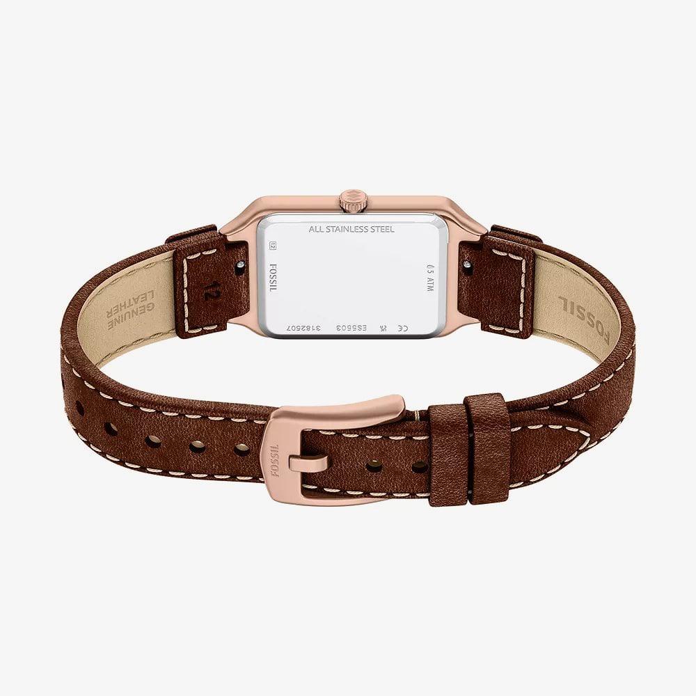 Fossil Ladies Raquel Brown Rectangle Dial Leather Strap Watch ES5503