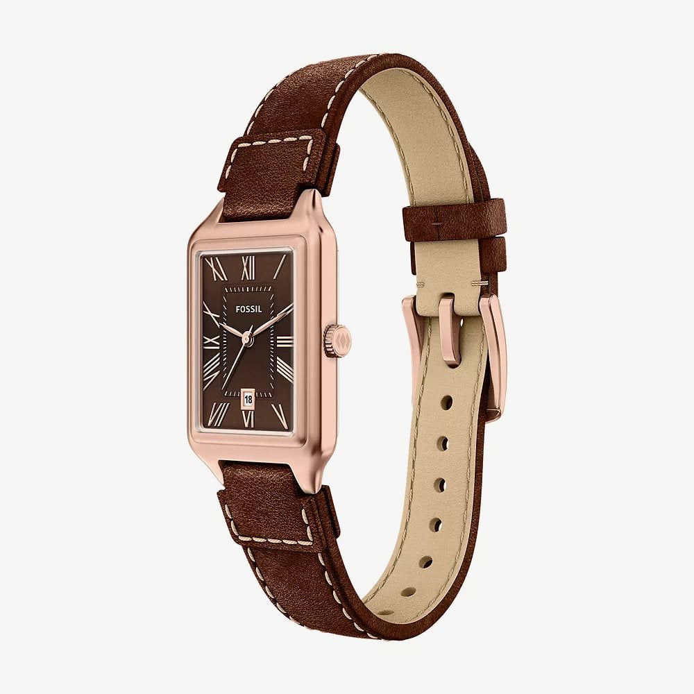 Fossil Ladies Raquel Brown Rectangle Dial Leather Strap Watch ES5503