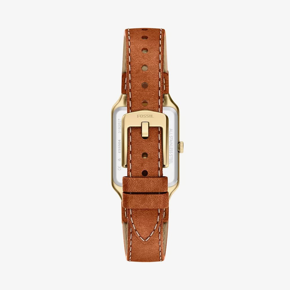 Fossil Ladies Raquel Champagne Rectangle Dial Leather Strap Watch ES5504
