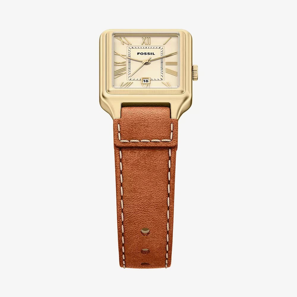 Fossil Ladies Raquel Champagne Rectangle Dial Leather Strap Watch ES5504