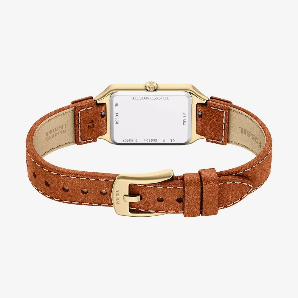Fossil Ladies Raquel Champagne Rectangle Dial Leather Strap Watch ES5504
