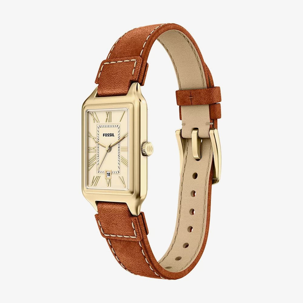 Fossil Ladies Raquel Champagne Rectangle Dial Leather Strap Watch ES5504