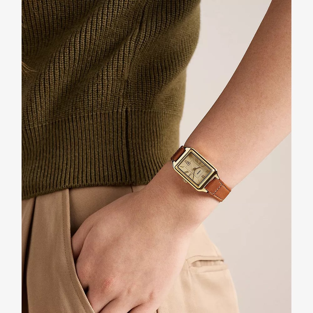 Fossil Ladies Raquel Champagne Rectangle Dial Leather Strap Watch ES5504