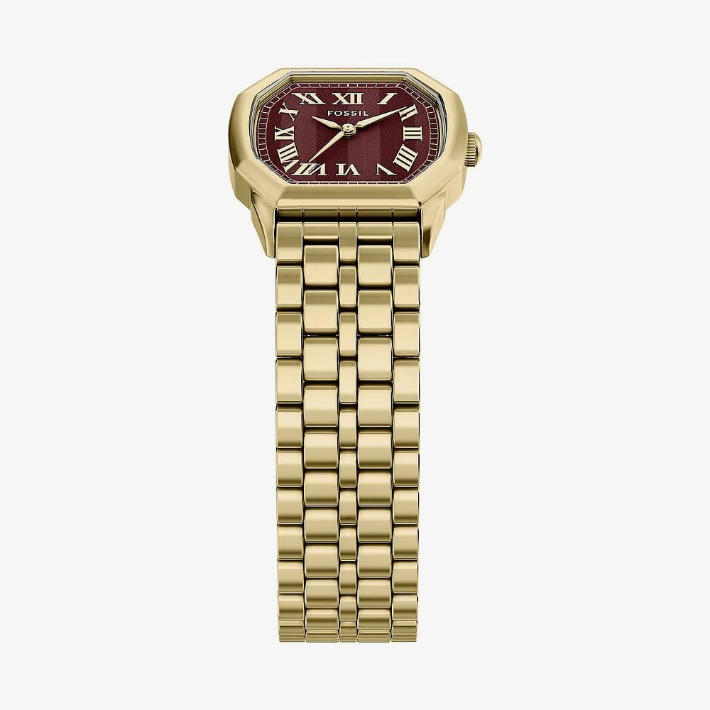 Fossil Ladies Harlow Red Octagon Dial Golden Bracelet Watch ES5511