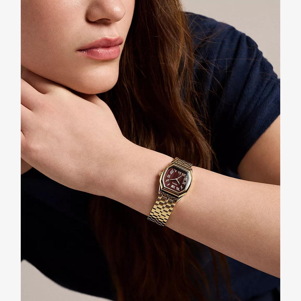 Fossil Ladies Harlow Red Octagon Dial Golden Bracelet Watch ES5511