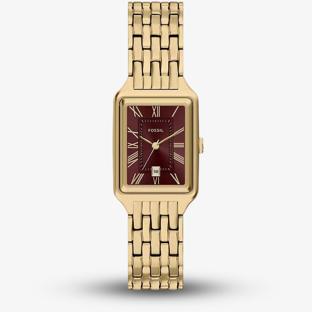 Fossil Ladies Raquel Red Rectangle Dial Golden Bracelet Watch ES5512
