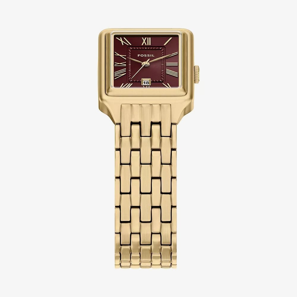Fossil Ladies Raquel Red Rectangle Dial Golden Bracelet Watch ES5512