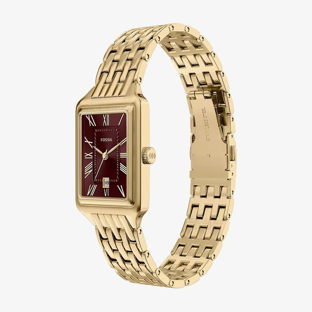 Fossil Ladies Raquel Red Rectangle Dial Golden Bracelet Watch ES5512