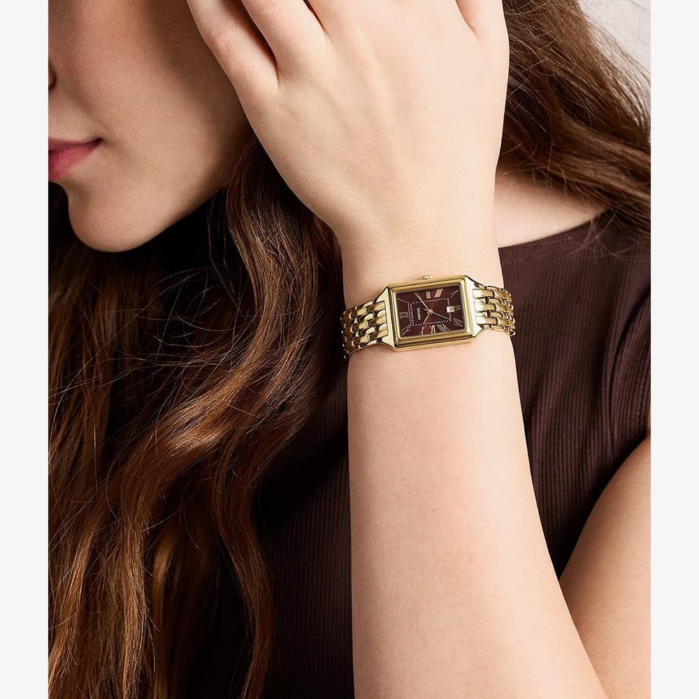 Fossil Ladies Raquel Red Rectangle Dial Golden Bracelet Watch ES5512