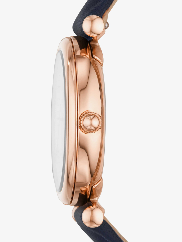 Fossil Ladies Carlie Rose Gold Plated Mother Of Pearl Dial Navy Blue Leather Strap Watch ES4502