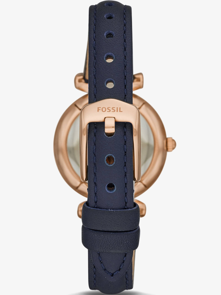 Fossil Ladies Carlie Rose Gold Plated Mother Of Pearl Dial Navy Blue Leather Strap Watch ES4502
