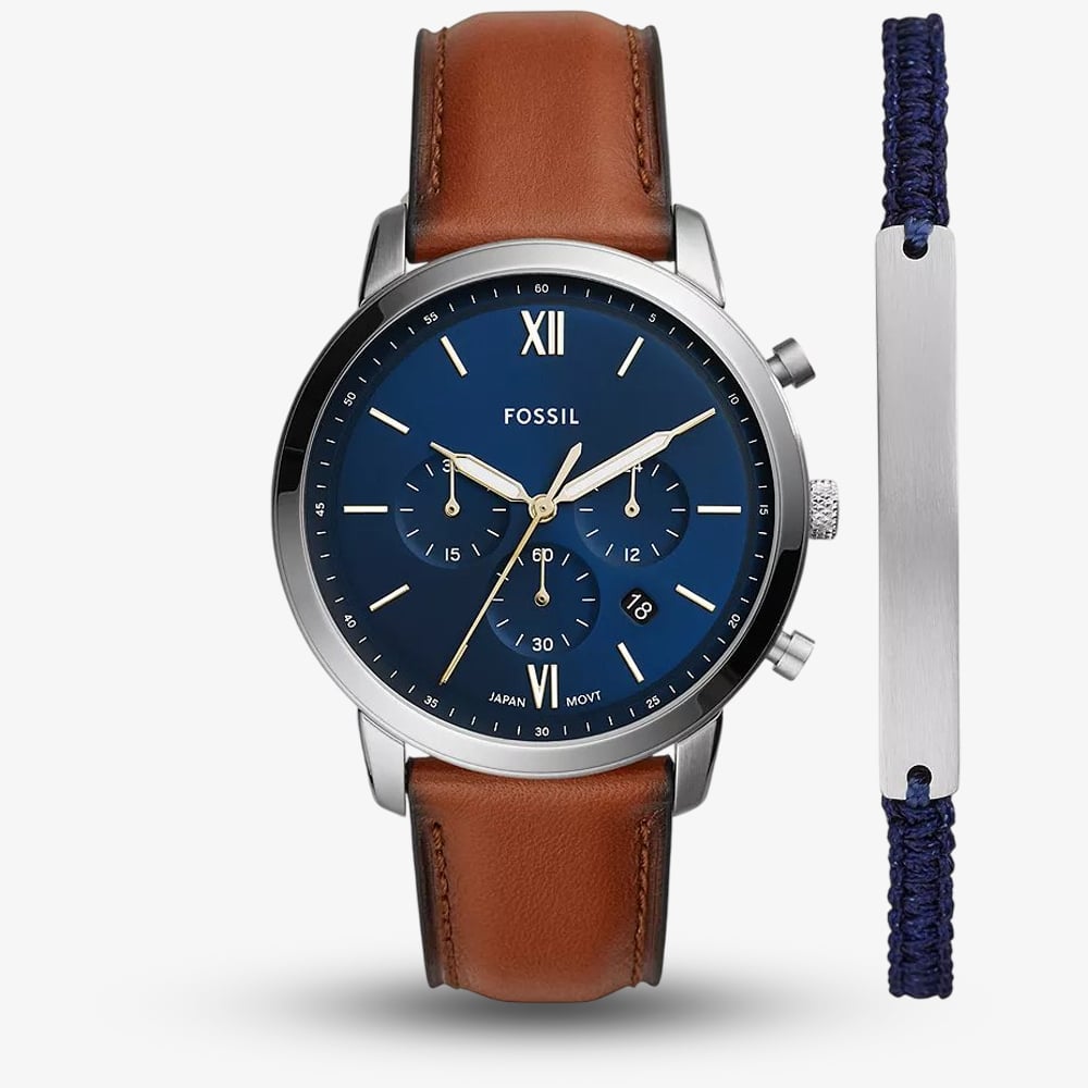 Fossil Mens Neutra Chronograph Brown Leather Strap Watch & Bracelet Set FS5708SET