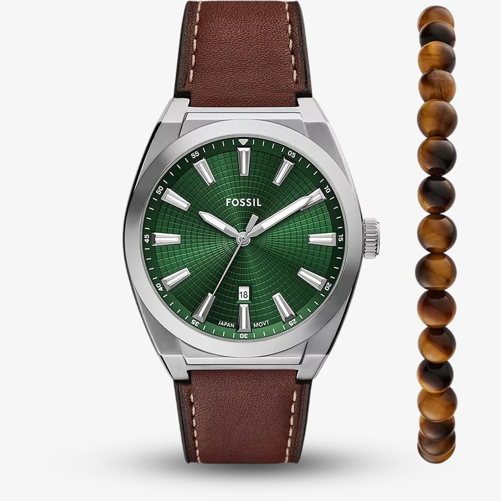 Fossil Mens Everett Brown Leather Strap Watch &amp; Beaded Bracelet Set FS6080SET