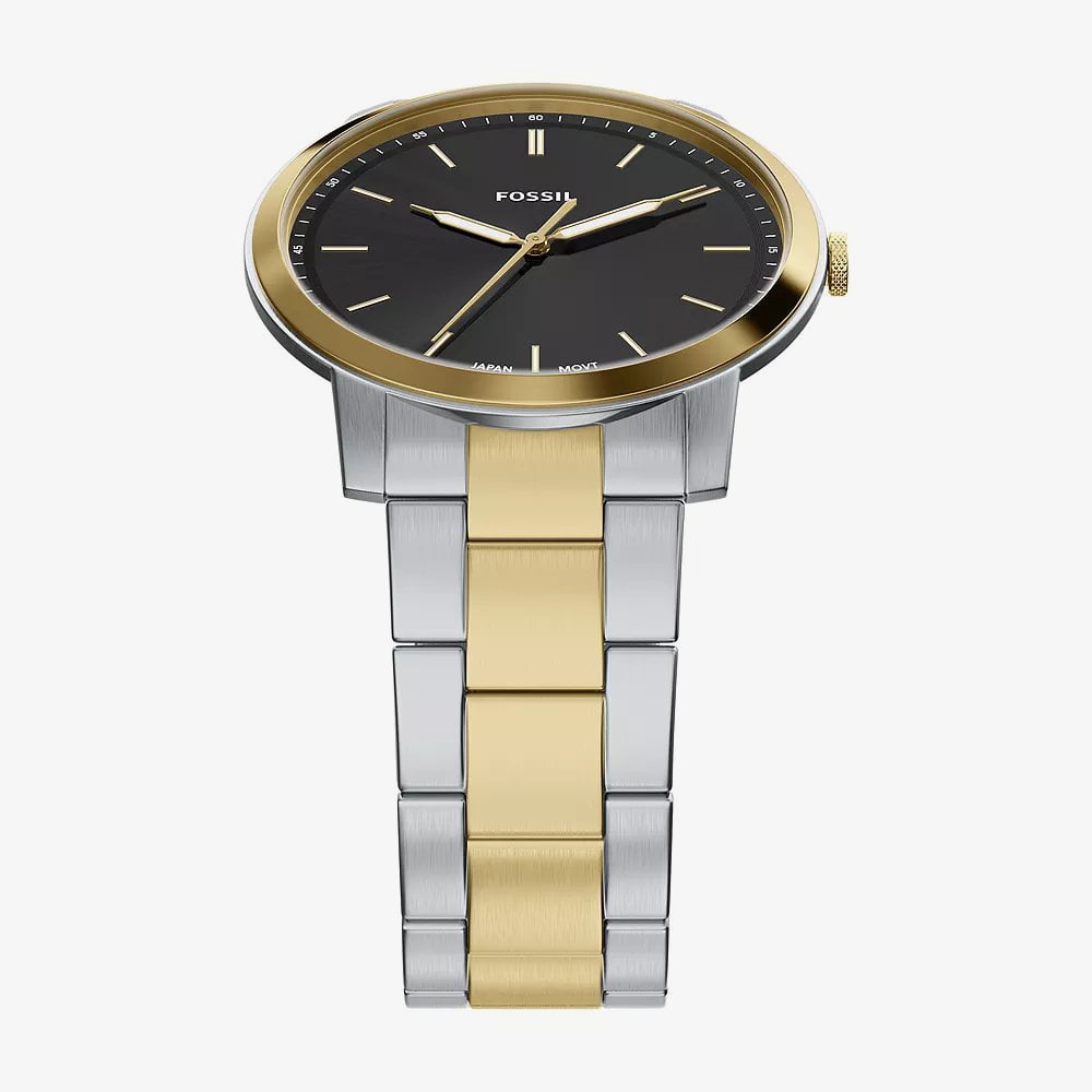 Fossil Mens Minimalist Black Dial Two Tone Bracelet Watch FS6182
