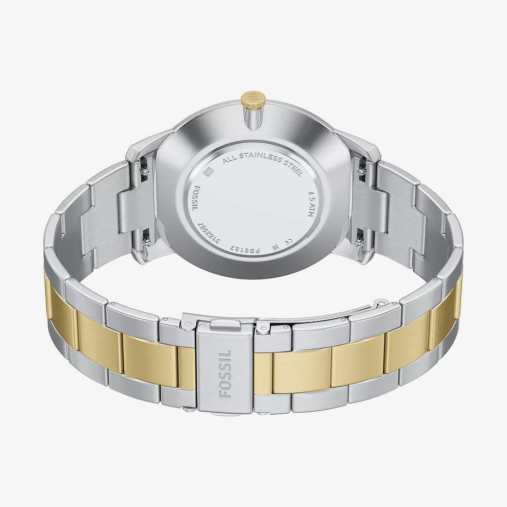 Fossil Mens Minimalist Black Dial Two Tone Bracelet Watch FS6182
