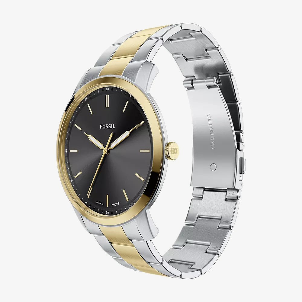 Fossil Mens Minimalist Black Dial Two Tone Bracelet Watch FS6182