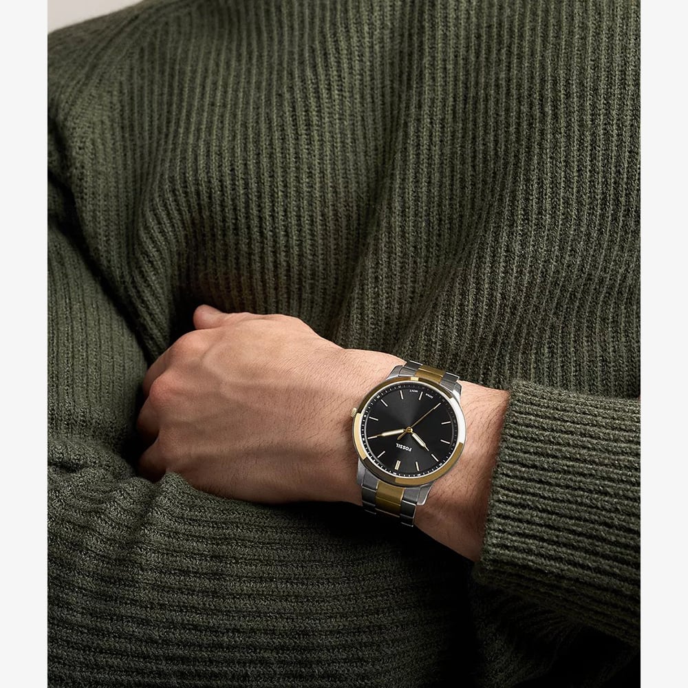 Fossil Mens Minimalist Black Dial Two Tone Bracelet Watch FS6182