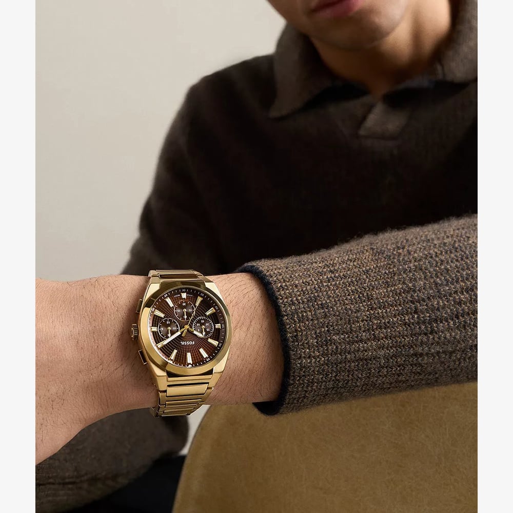 Fossil Mens Everett Chronograph Brown Dial Golden Bracelet Watch FS6184