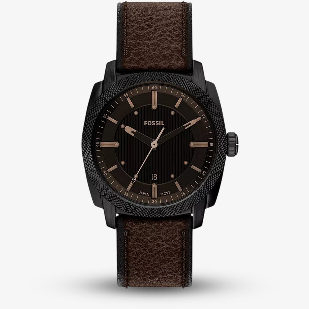 Fossil Mens Machine Black Dial Leather Strap Watch FS6187