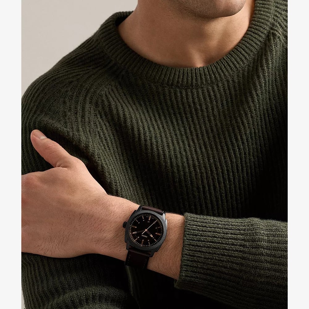 Fossil Mens Machine Black Dial Leather Strap Watch FS6187