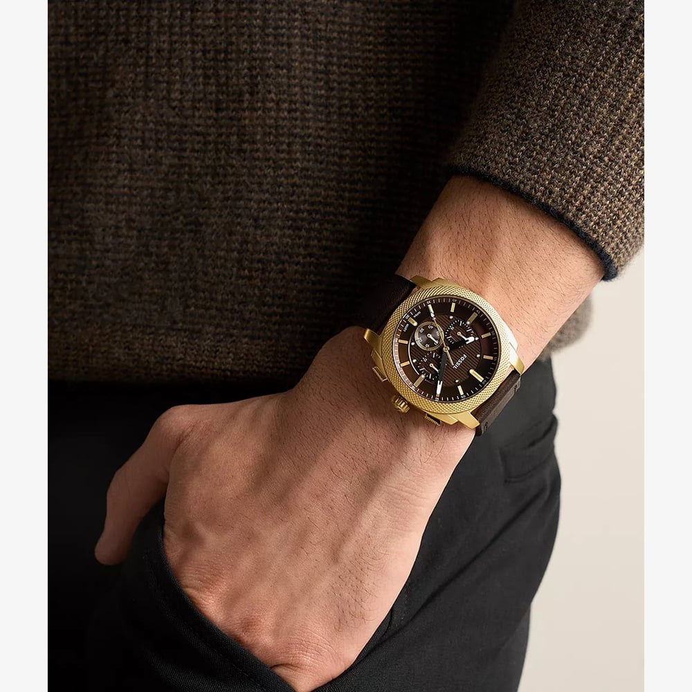 Fossil Mens Machine Chronograph Brown Dial Leather Strap Watch FS6188