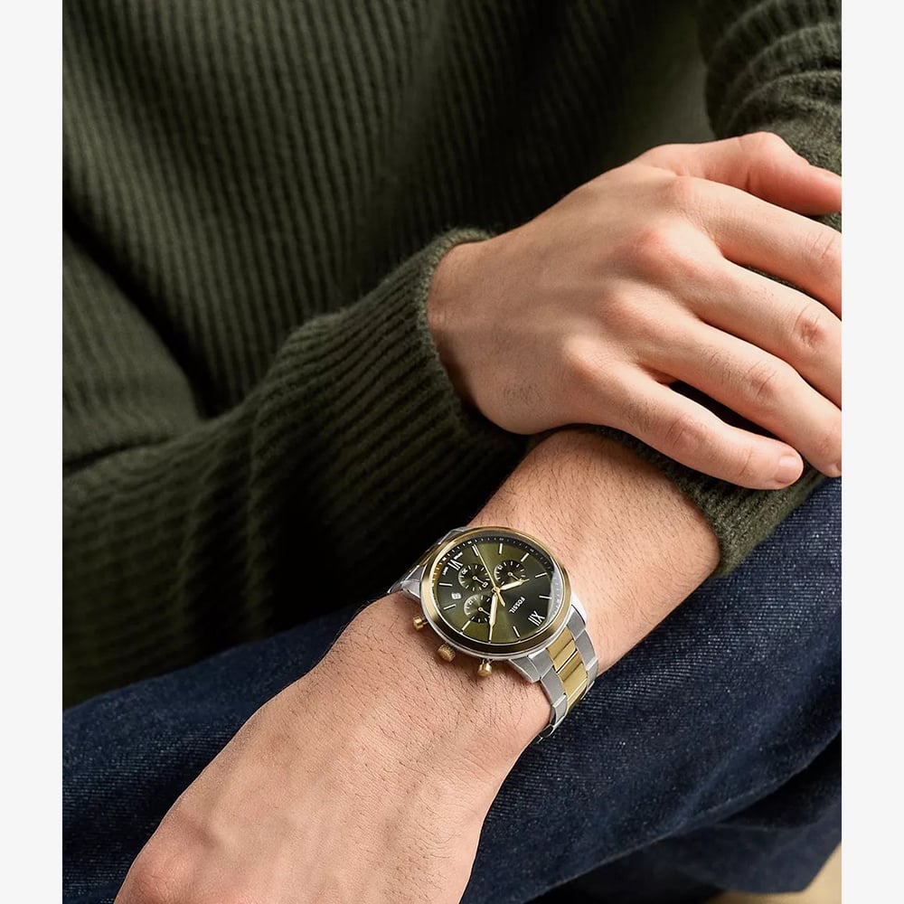 Fossil Mens Neutra Chronograph Green Dial Two Tone Bracelet Watch FS6189
