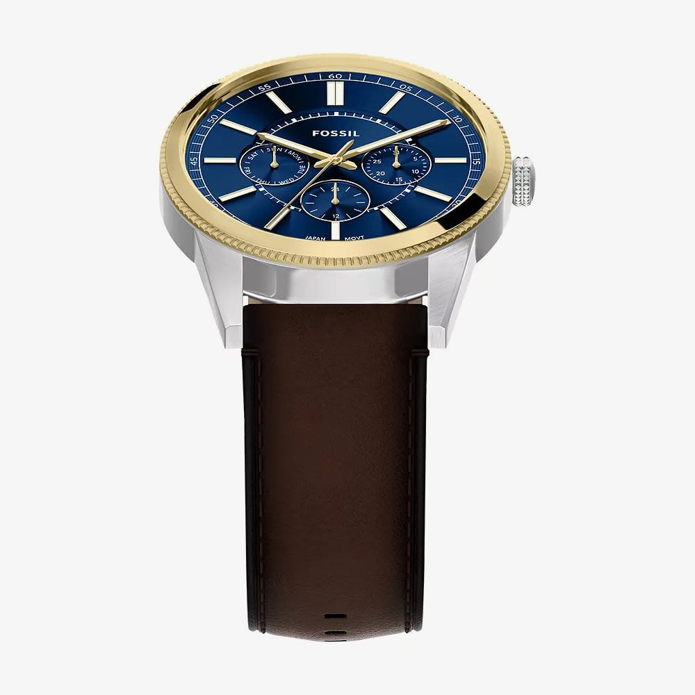 Fossil Mens Pearson Blue Dial Borwn Leather Strap Watch FS6195