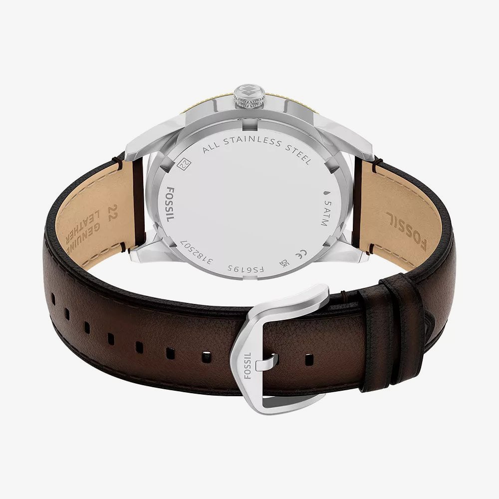 Fossil Mens Pearson Blue Dial Borwn Leather Strap Watch FS6195