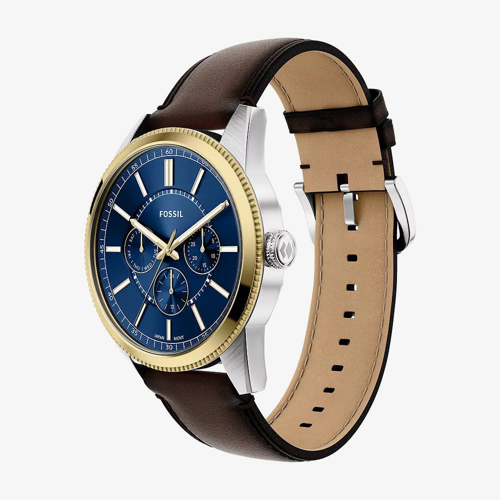 Fossil Mens Pearson Blue Dial Borwn Leather Strap Watch FS6195