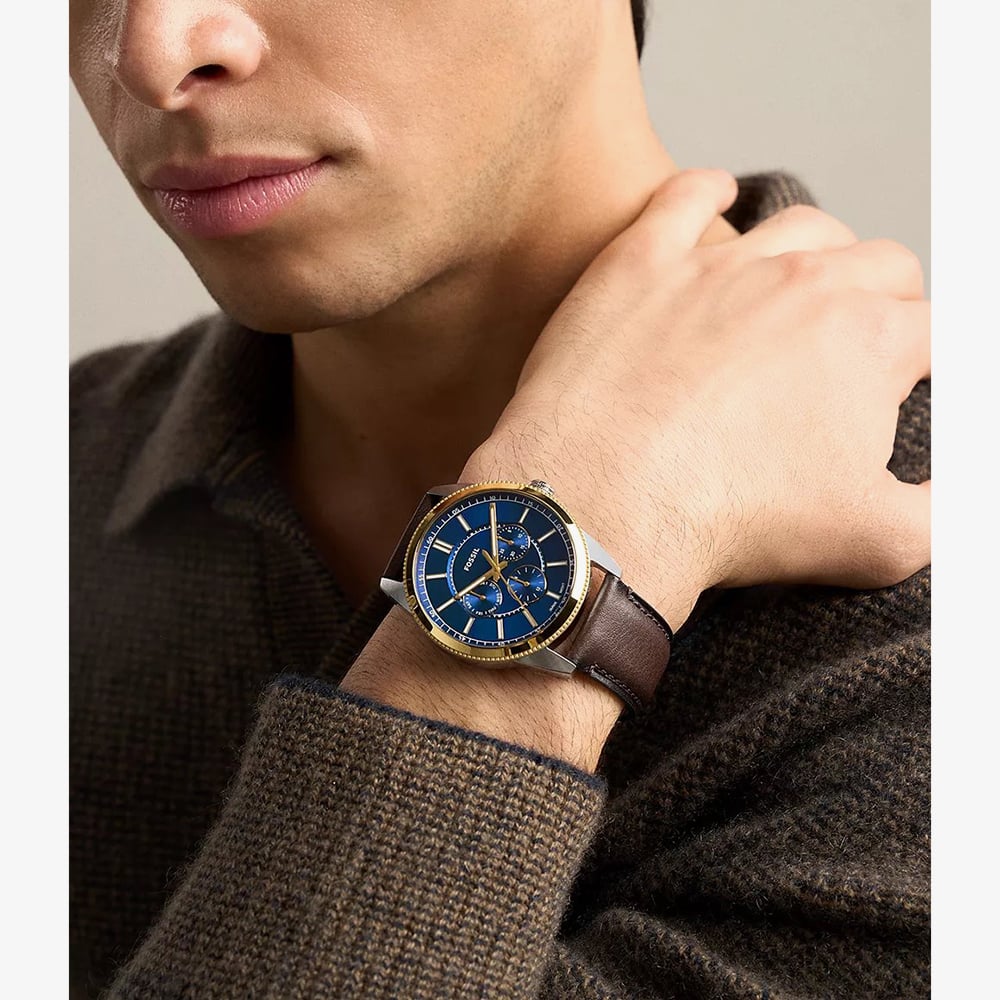 Fossil Mens Pearson Blue Dial Borwn Leather Strap Watch FS6195