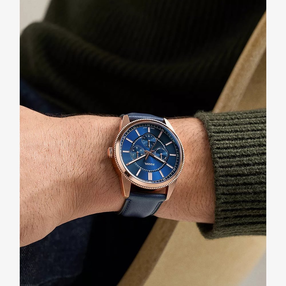 Fossil Mens Pearson Blue Dial Blue Leather Strap Watch FS6196