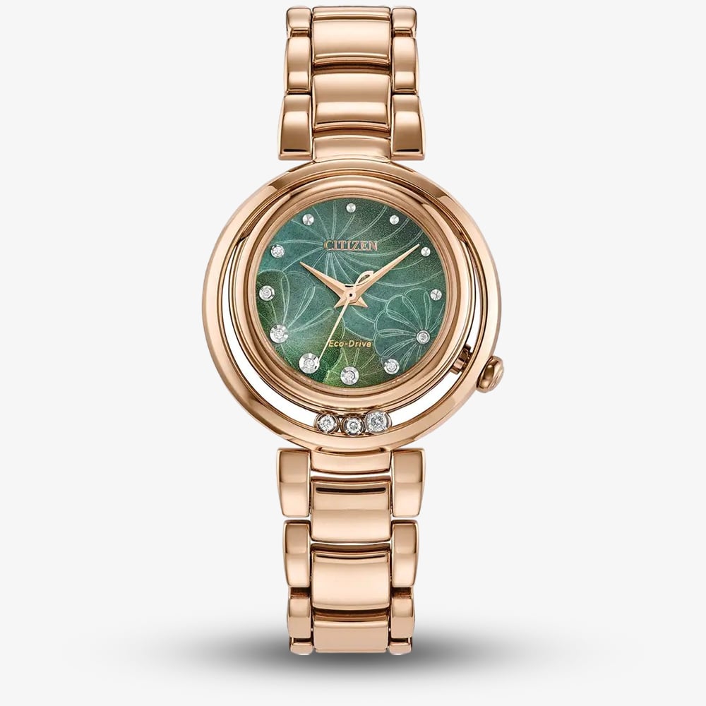 Product photograph of Citizen L Arcly Eco Drive Rose Gold Plated Diamond Floral Green Watch Em1113-58y from The Jewel Hut