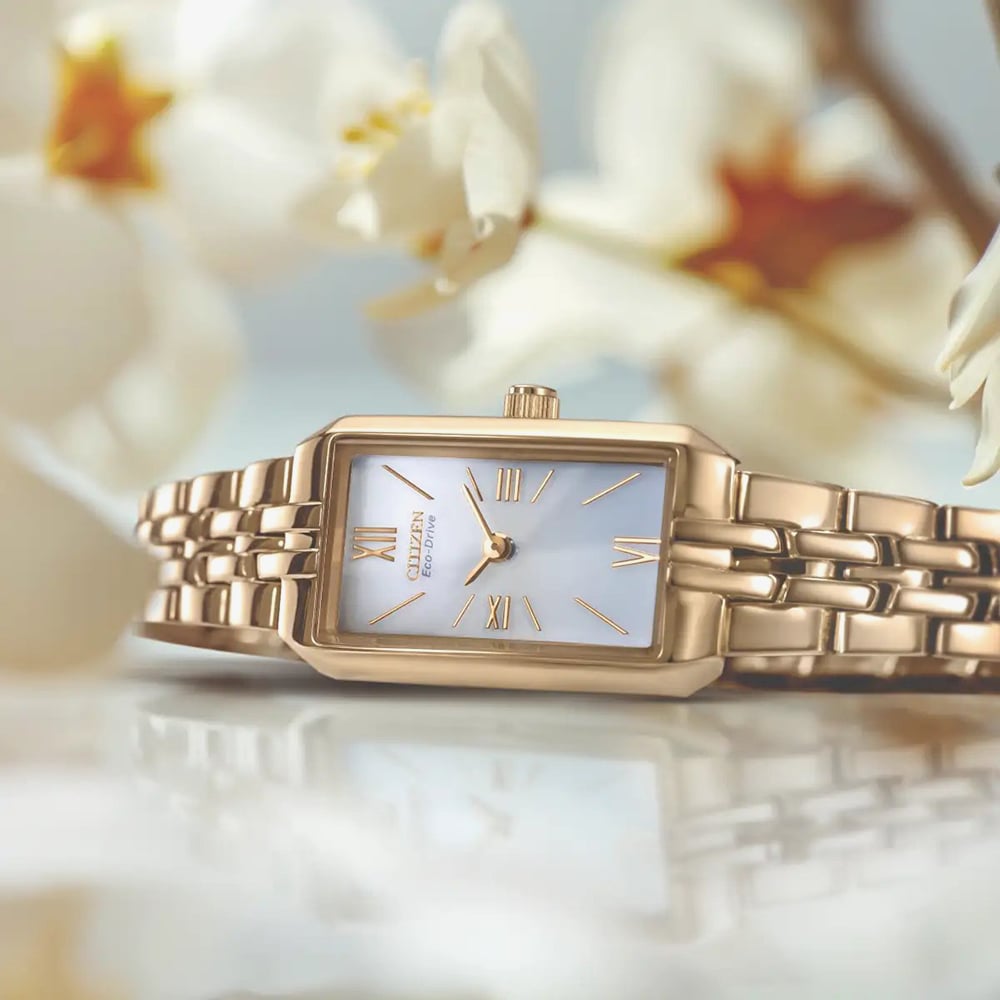 Citizen Ladies Silhouette Gold Tone White Rectangle Dial Watch EG2693-51P