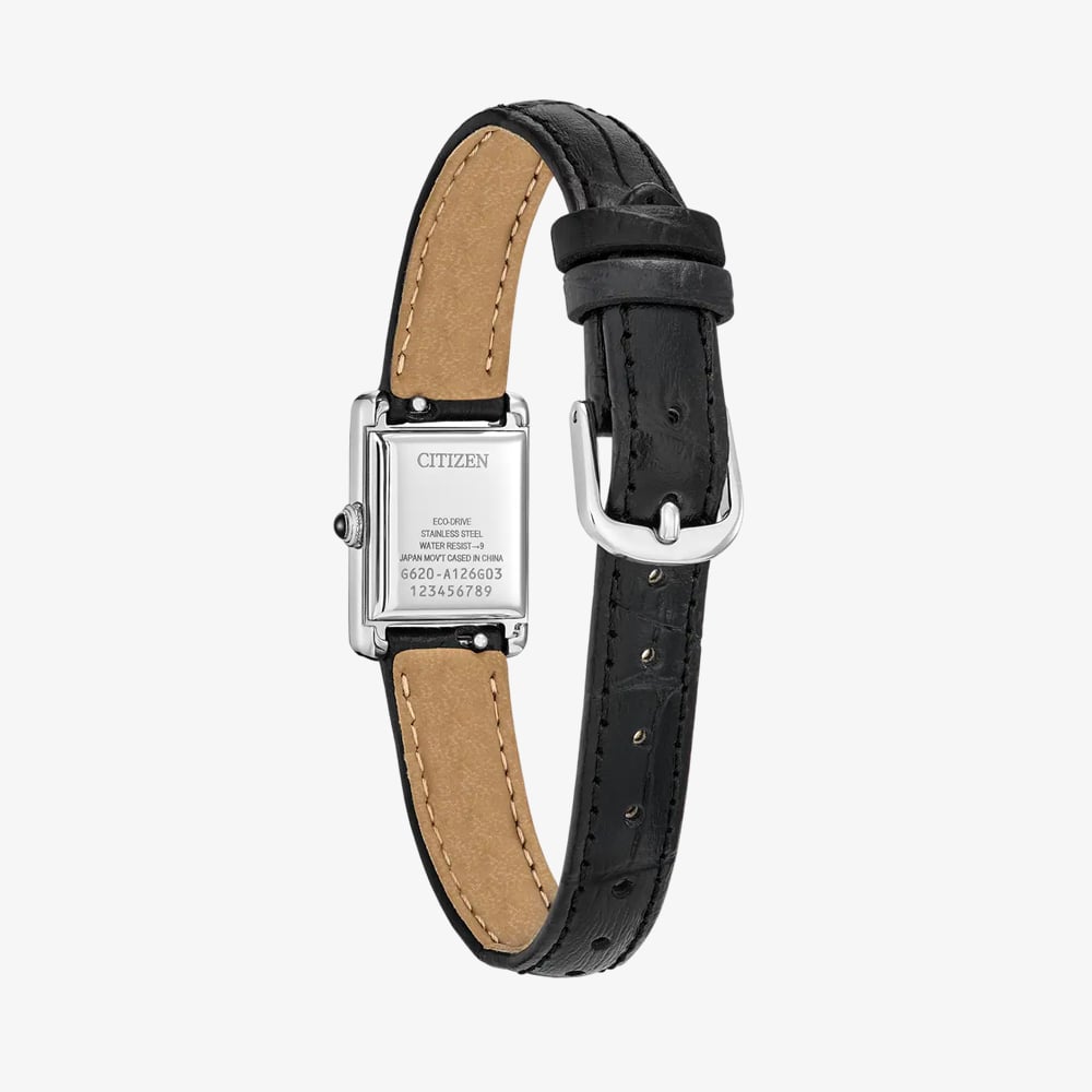 Citizen Ladies Fio Roma Eco-Drive Silver Rectangular Dial Black Leather Strap Watch EG2790-12A