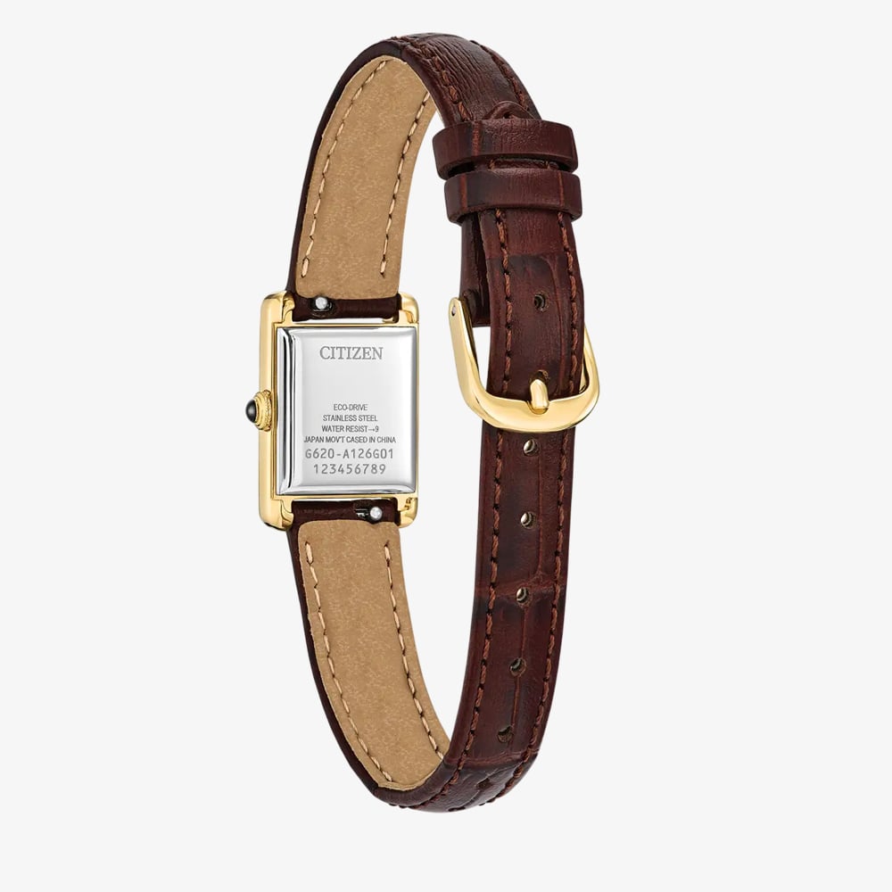 Citizen Ladies Fio Roma Eco-Drive Gold Rectangular Dial Brown Leather Strap Watch EG2797-13A