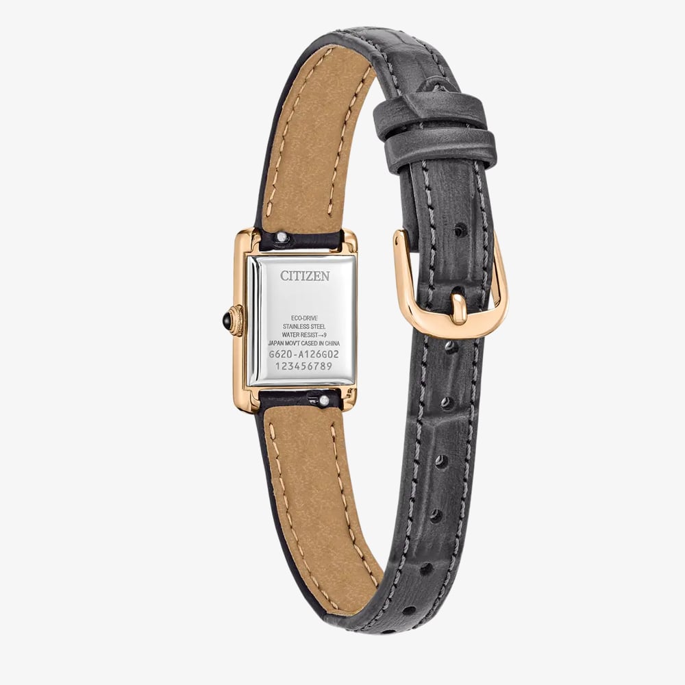 Citizen Ladies Fio Roma Eco-Drive Rose Gold Rectangular Dial Grey Leather Strap Watch EG2799-18W
