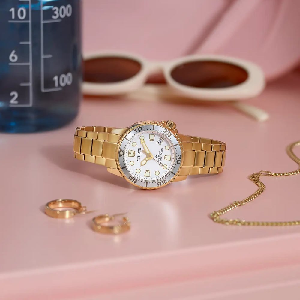 Citizen Ladies Promaster Diver White Dial Golden Bracelet Watch EO2029-54A