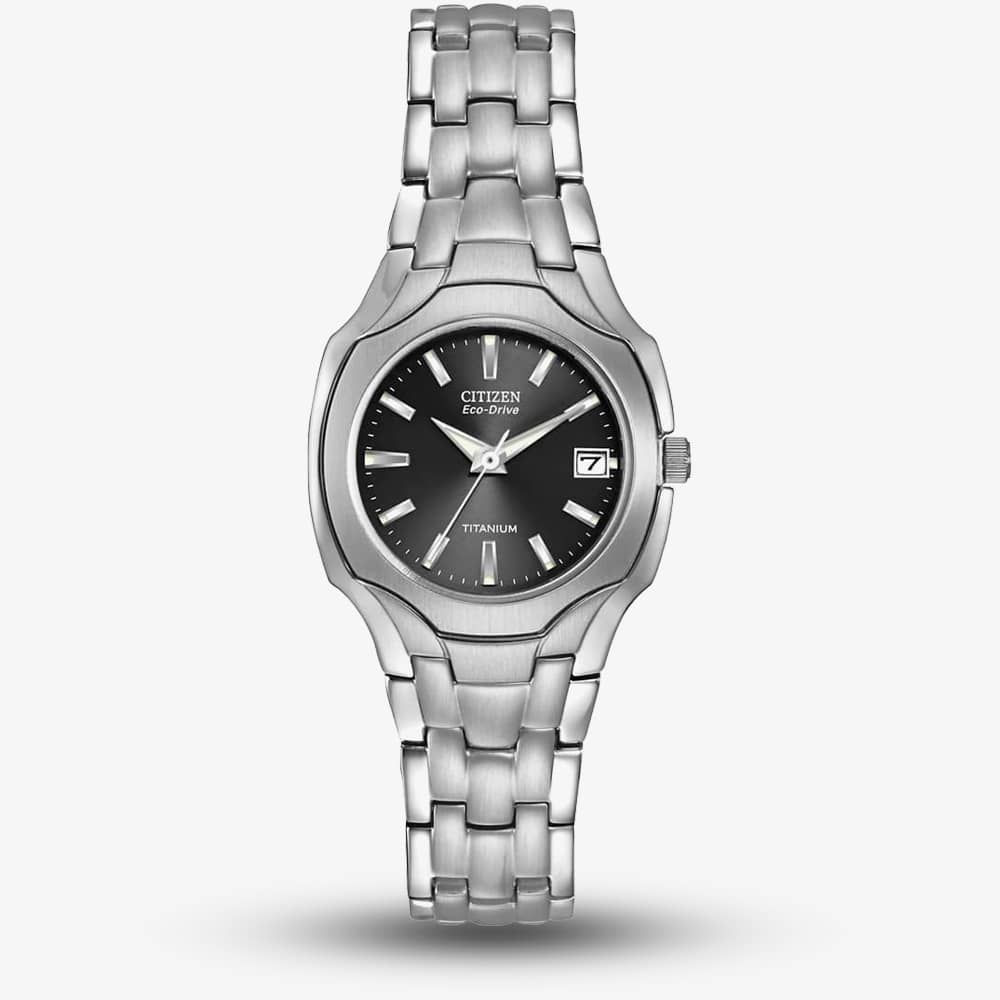Product photograph of Citizen Ladies Super Titanium Black Dial Bracelet Watch Ew1400-53h from The Jewel Hut