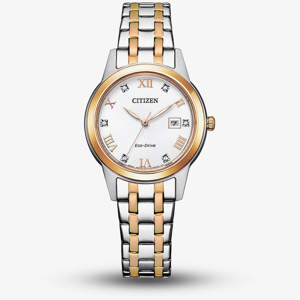Product photograph of Citizen Ladies Eco 29mm Two Tone White Dial Watch Fe1246-85a from The Jewel Hut